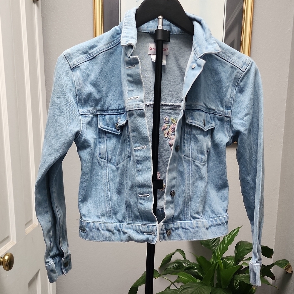American Girl Light Wash Denim Jacket Floral Embroidered Jean Jacket